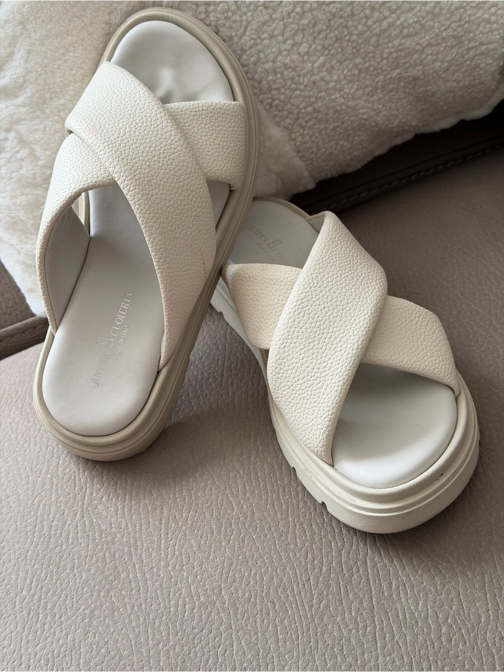 Textured Crisscross Cream Platform Slide Sandals ANTICA & CERERIA Made in italy